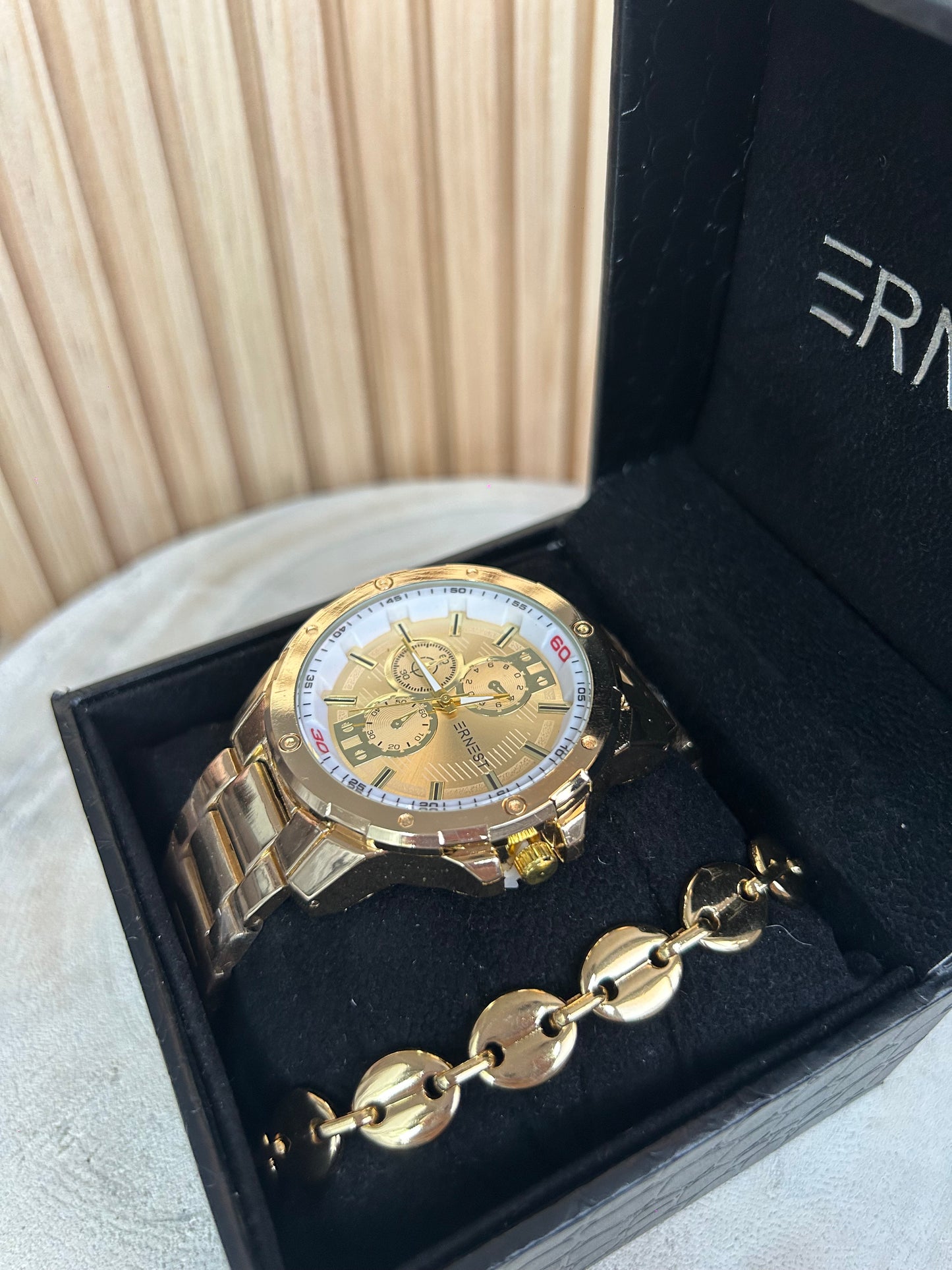 Coffret Homme – Montre Dorée & Gourmette Grain de Café