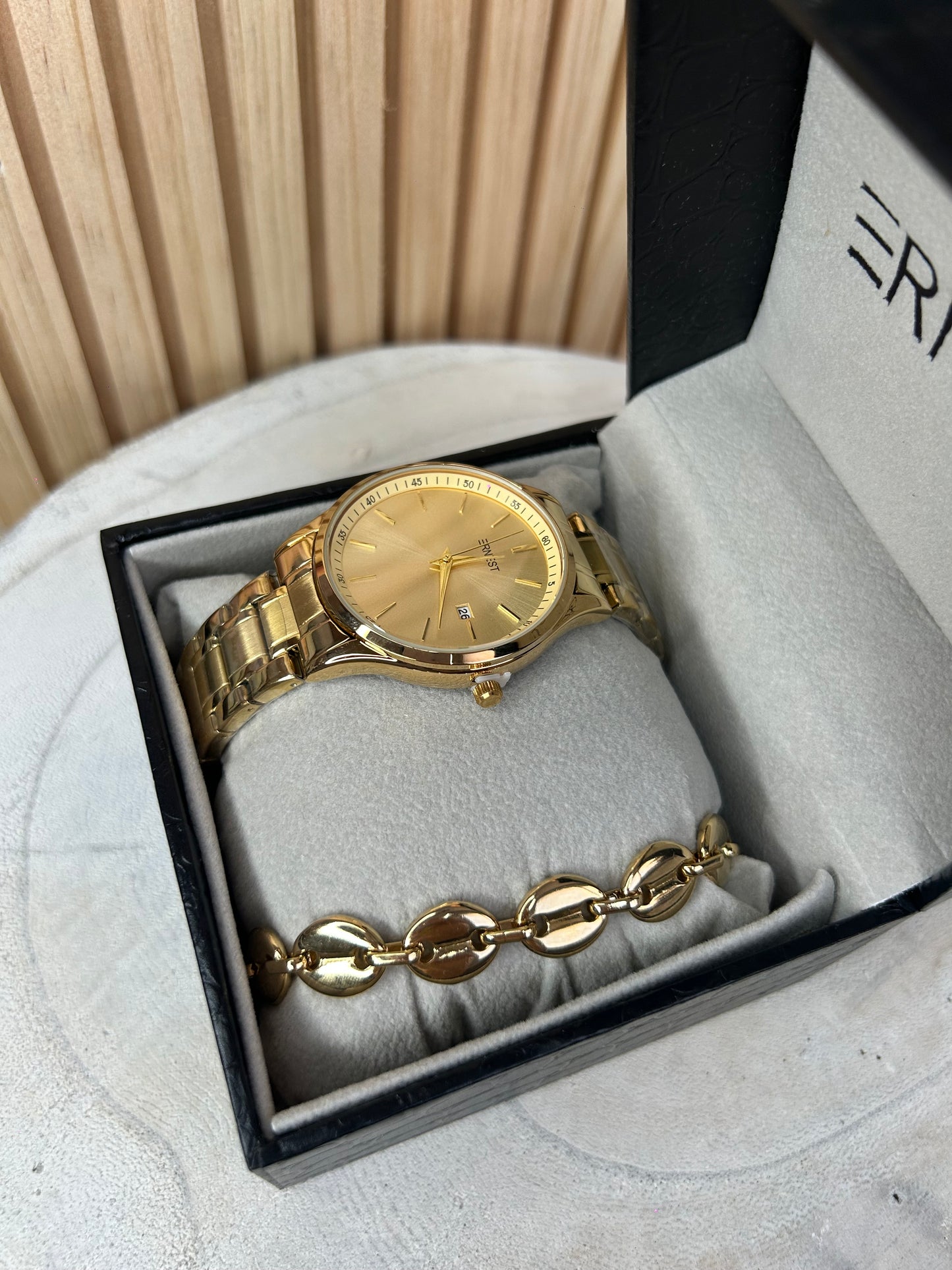 Coffret Homme – Montre Dorée & Gourmette Grain de Café