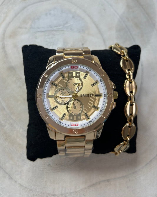 Coffret Homme – Montre Dorée & Gourmette Grain de Café