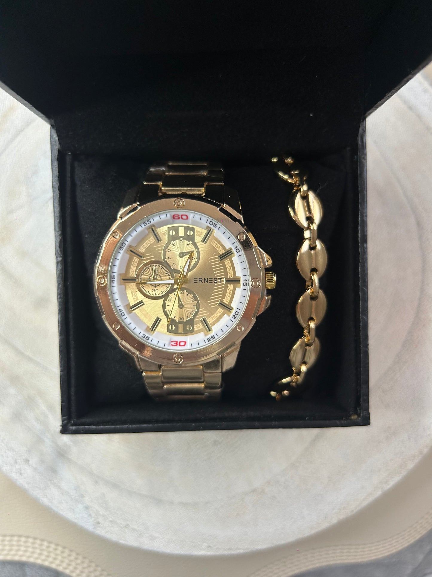 Coffret Homme – Montre Dorée & Gourmette Grain de Café