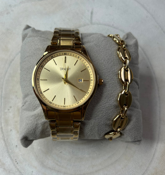 Coffret Homme – Montre Dorée & Gourmette Grain de Café